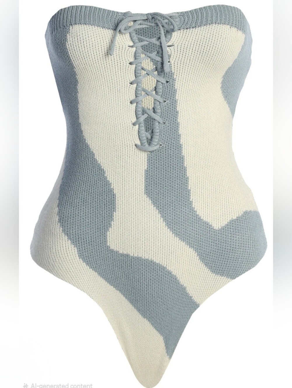 Lace-Up Knit One-Piece Swimsuit in Cream & Light Blue